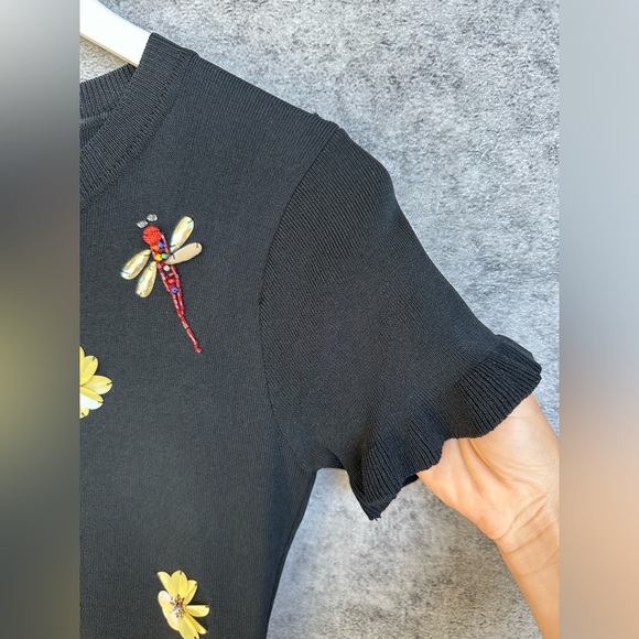 Black Knit Dress with Floral and Dragonfly Embroidery - XS/S - Picture 2 of 3